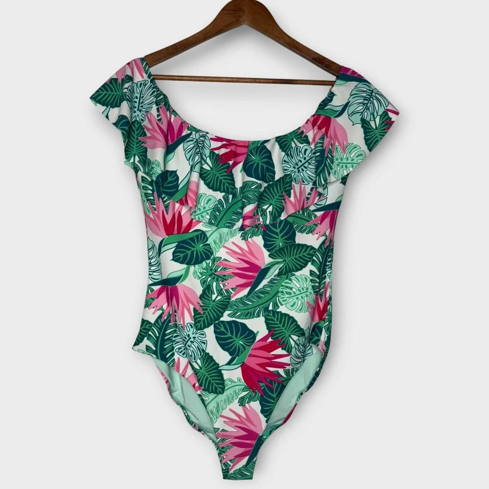 Matilda Jane Palm Tree Paradise One-Piece Ruffle Swimsuit Tropical Modest Large